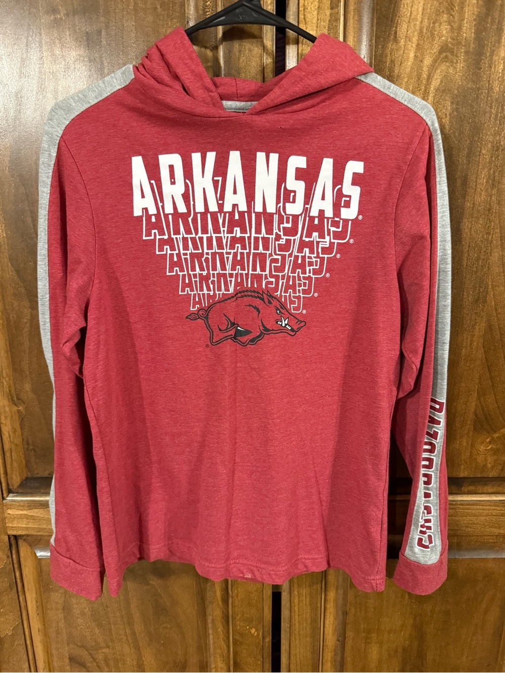 Arkansas Long-Sleeve Hooded Tee - Red with Gray Accents